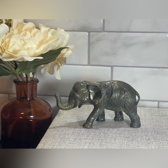 Vintage Cast Metal Black Gold Bronze Elephant Trunk Up Signed by Artist M - Picture 1 of 13